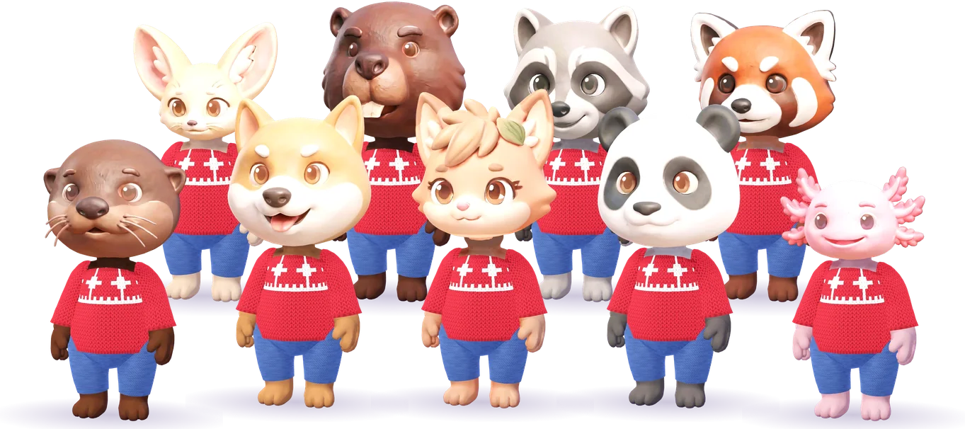 The nine buddies side by side in matching red snowflake sweaters and jeans: otter, little fox, shiba, beaver, red fox, raccoon, panda, red panda and axolotl