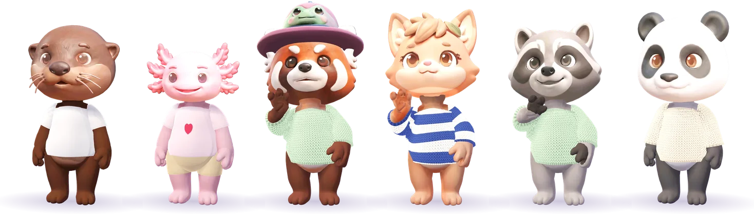Six buddies in different outfits: the otter in a white tee, the axolotl in a heart tee and shorts, the red panda in a frog hat and a sage knit, the red fox in a striped sweater, the raccoon in a sage knit and the panda in a cream knit