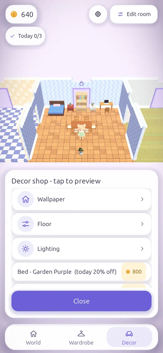 The decor shop: wallpaper, floor, lighting and a bed style with its price in coins