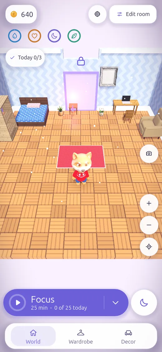 A shiba in a red sweater stands in a room with a bed, a desk, a rug and shelves
