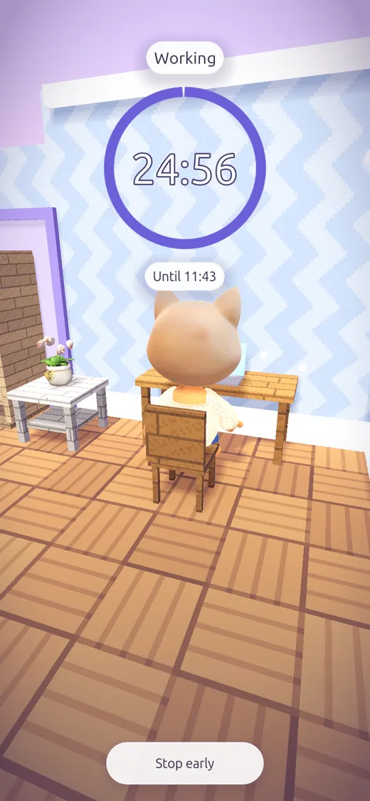 A buddy sits at its desk with a laptop, a 24:56 countdown ring above it and a Stop early button below