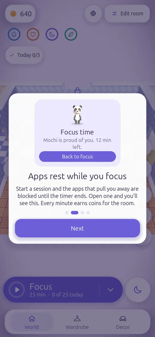 A card in the game: Apps rest while you focus. Above it, the blocking screen with a panda: Focus time, 12 min left, Back to focus