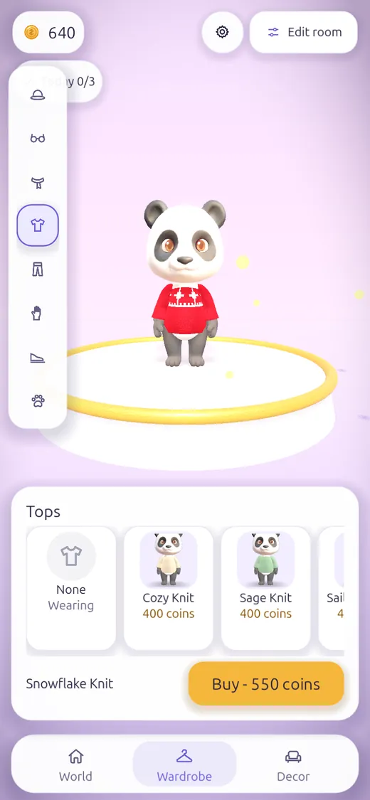 The wardrobe: a panda tries on a red snowflake knit, with more tops to choose from below