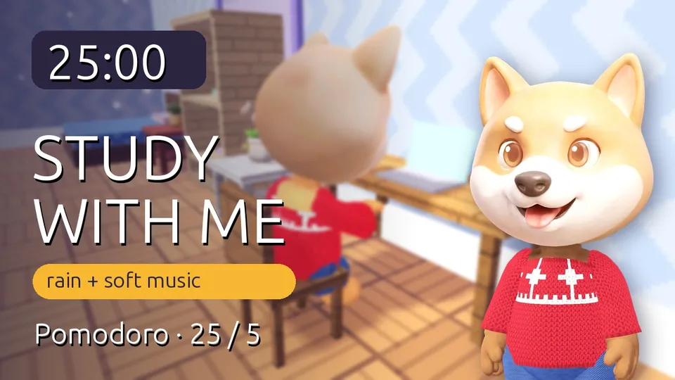 A study-with-me picture: a shiba in a red sweater next to its desk, a 25:00 timer, rain and soft music